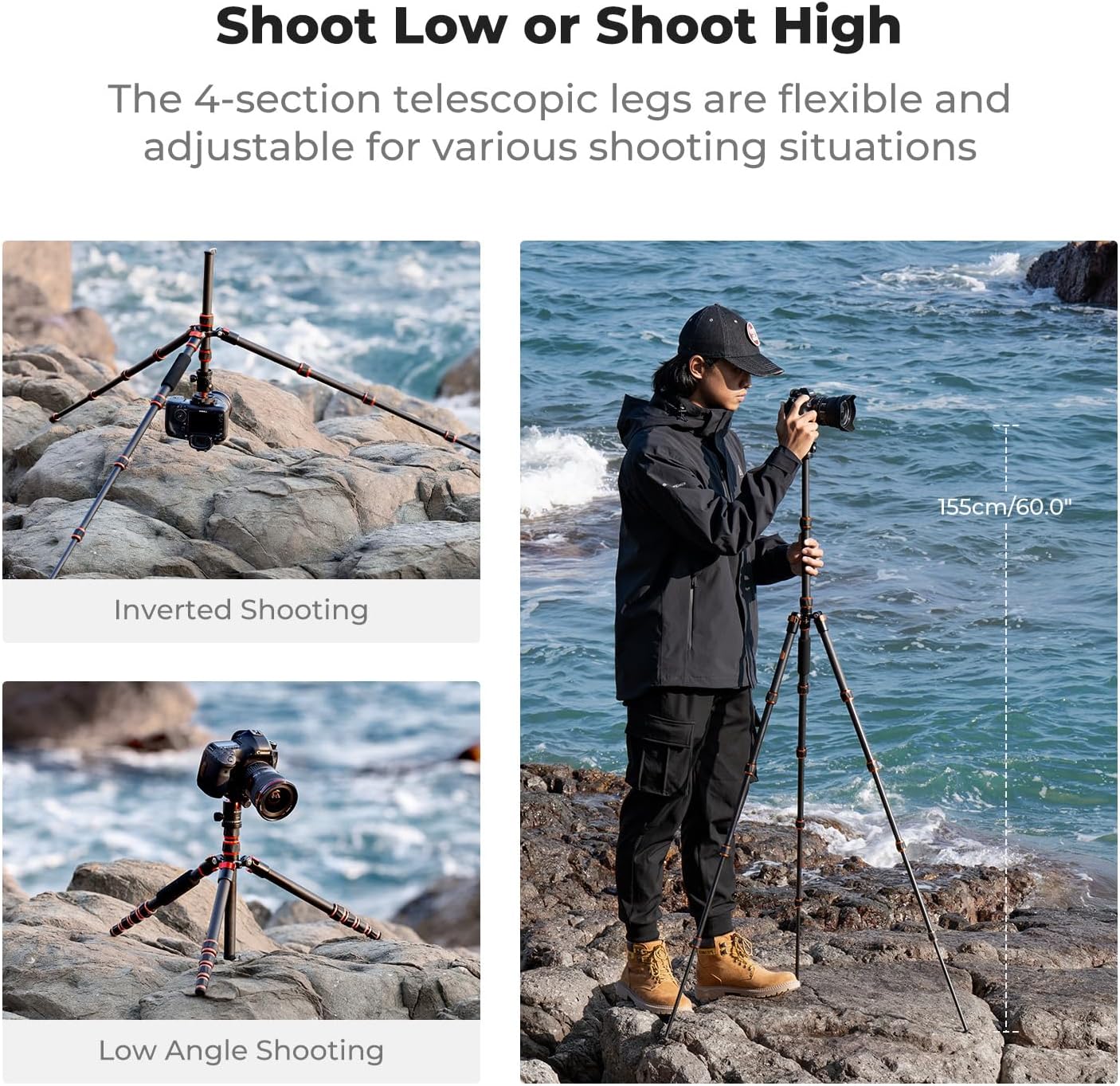 K&F Concept 60 inch Carbon Fiber Camera Tripod,Super Lightweight Compact Travel Tripod with 360 Degree Ball Head,Quick Release Plate, Detachable Monopod, 17 lb Load Capacity for SLR DSLR, A225C0+BH25L