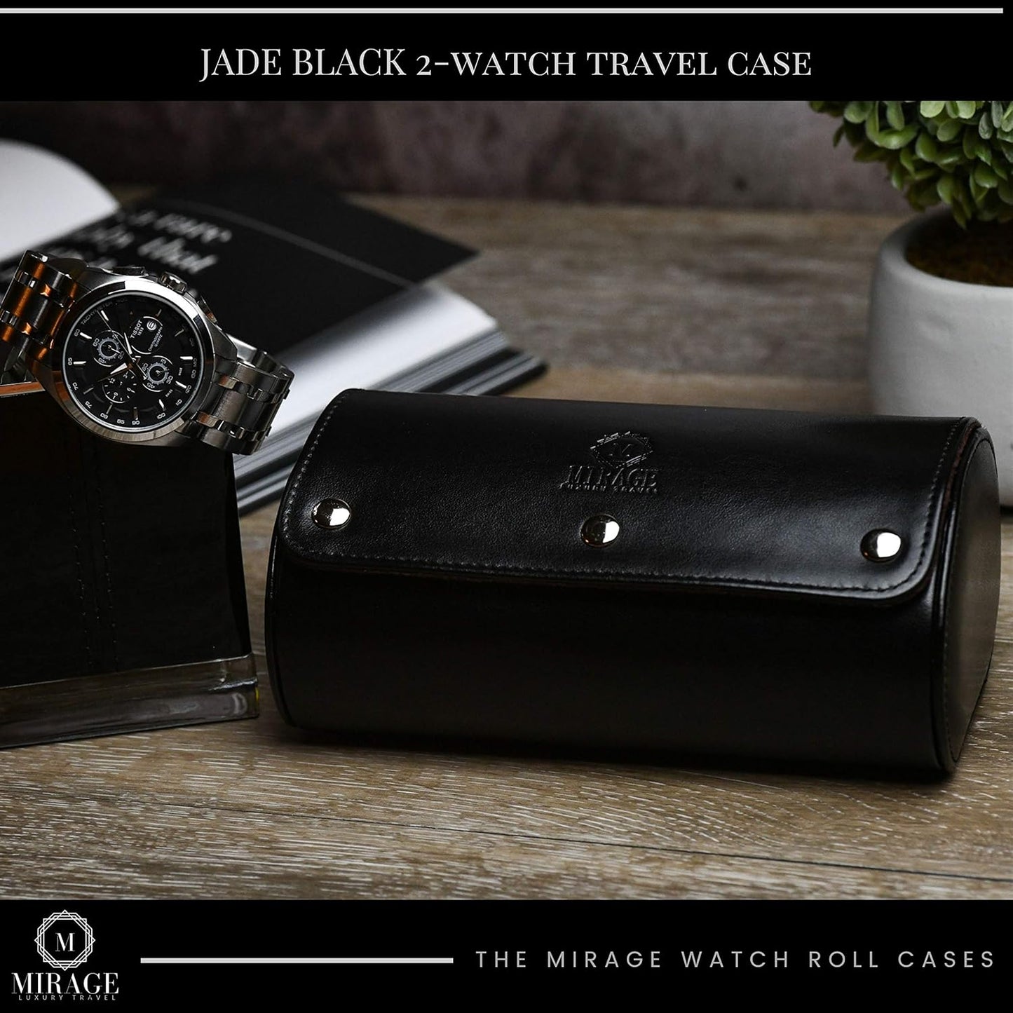2 Watch Case for Men - Watch Roll Travel Case - Jade Black Motif Vegan Leather