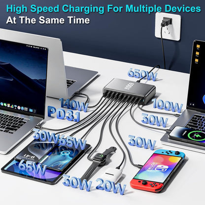 650W USB C Fast Charger Block, 10 Port USB Charging Station, GaN Ⅲ Pro Double 140W PD PPS Port Fast Charging Station,Laptop Wall Charger Compatible with DELL, HP, MacBook Pro,iPhone 17,Galaxy S24