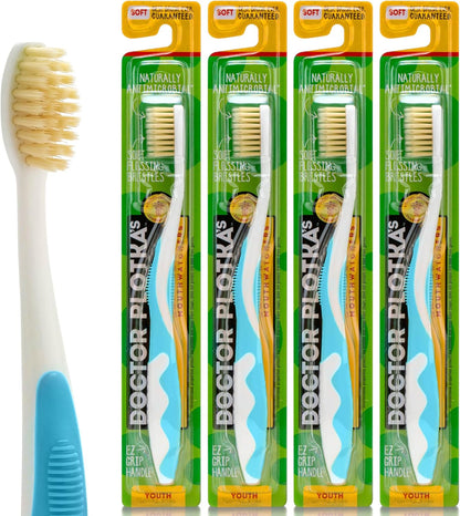 MOUTHWATCHERS Soft Childrens Flossing Manual Toothbrush, Value Pack of 4, Blue, Toothbrushes for Kids & Teens, Ultra Clean, by Dr. Plotka's