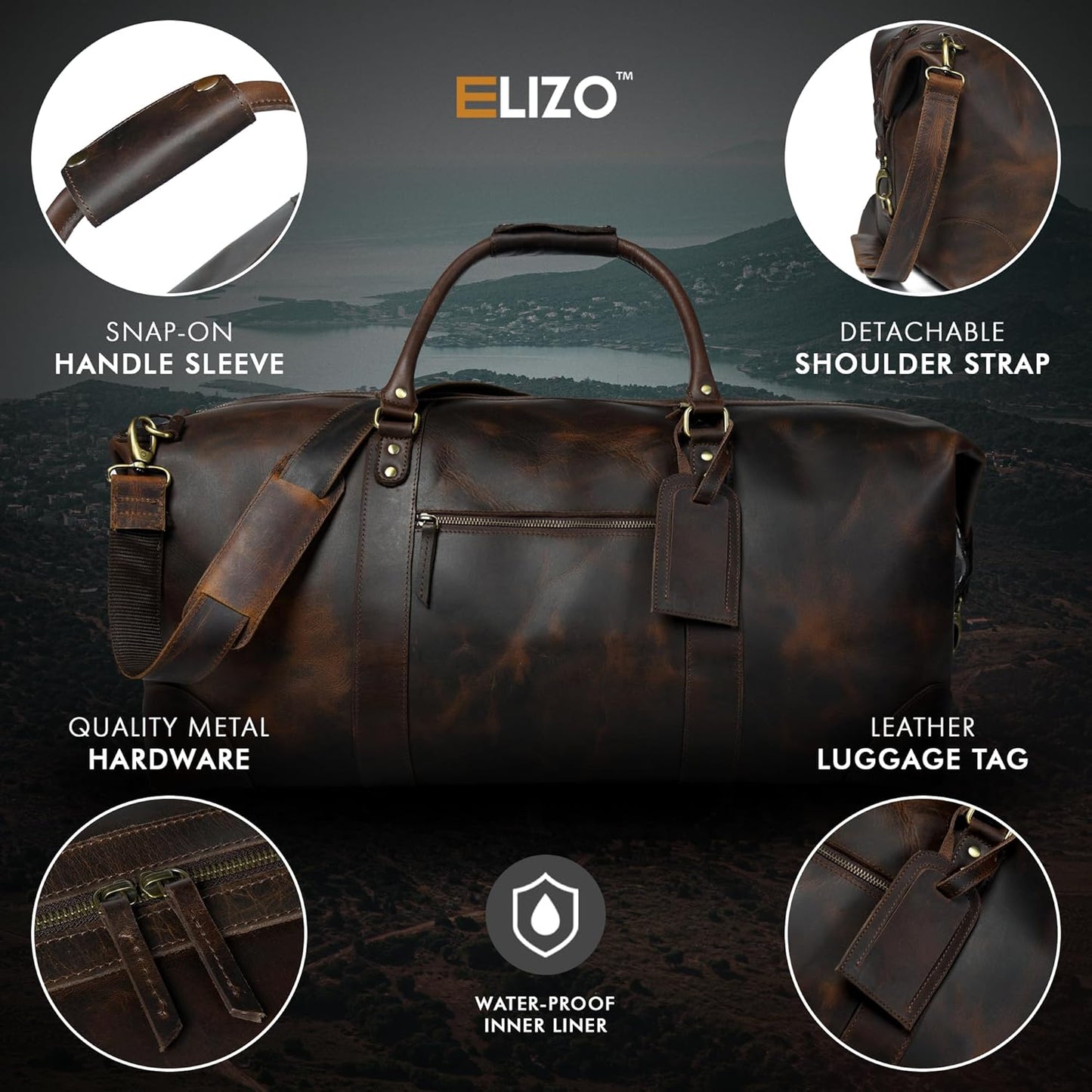 ELIZO Large Leather Duffle Bag For Men Women Big REAL FULL GRAIN Travel Overnight Weekender Carry On Luggage Sports Gym Bags (Walnut 24 Inch) Heritage