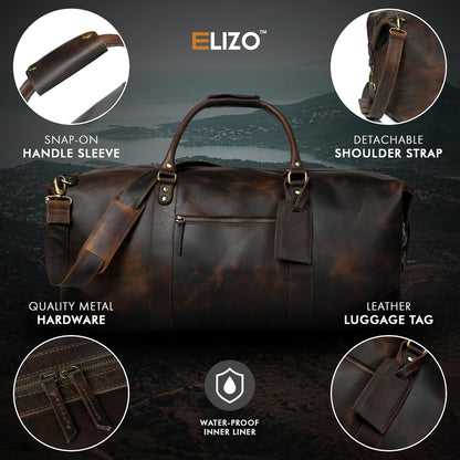 ELIZO Large Leather Duffle Bag For Men Women Big REAL FULL GRAIN Travel Overnight Weekender Carry On Luggage Sports Gym Bags (Walnut 24 Inch) Heritage