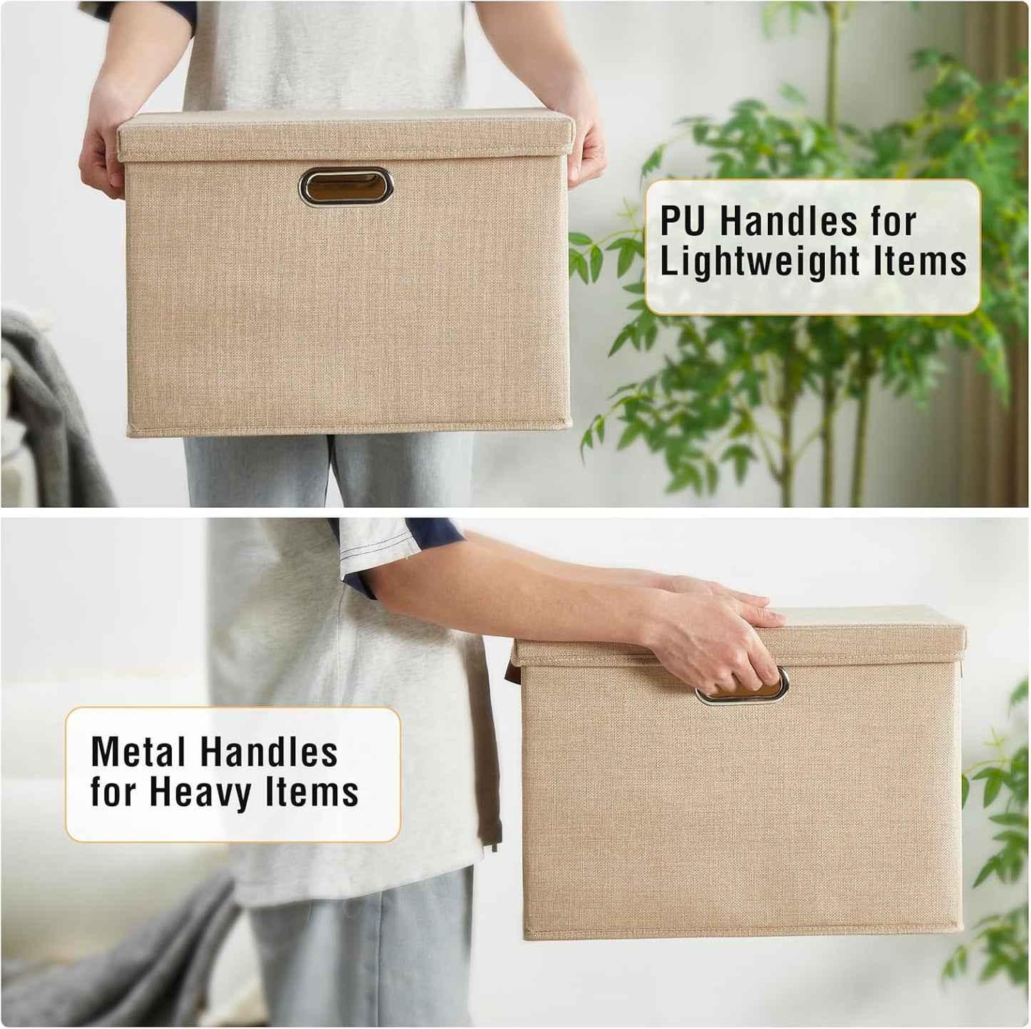 17" Large Collapsible Storage Bins with Lids, Stackable Closet Organizers with PU Handle and Labels, 3-Pack Decorative Fabric Storage Boxes for Home, Bedroom, Closet, Office, Nursery(Khaki)