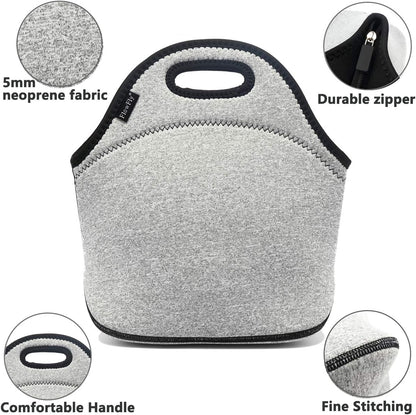 FlowFly Neoprene kids Lunch box Insulated Soft Bag Mini Cooler Thermal Meal Tote Kit for Boys, Girls,Men,Women,School,Work, Office, Grey