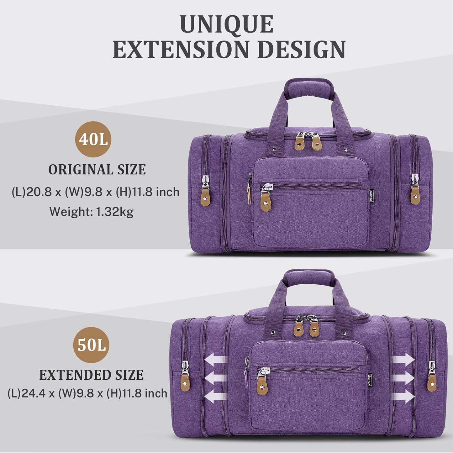 Gonex Canvas Duffle Bag for Travel 50L Expandable Duffel Weekend Overnight Bag (Purple)