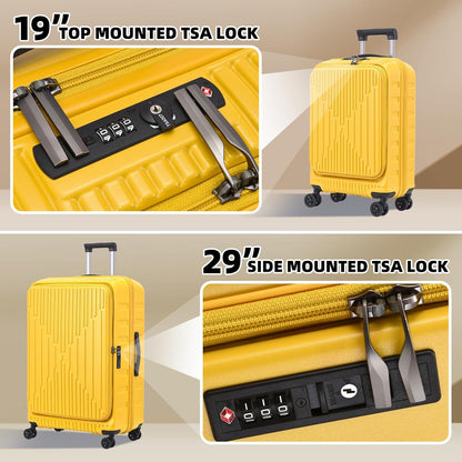 2 Pieces 19/29 Luggage Sets, 19 Inch Carry On Luggage with Front Pocket & 29 Inch Side Opening Suitcase, Ligthweight ABS+PC Hardshell, TSA Lock & YKK Zipper with HINOMOTO 360° Wheels, Yellow