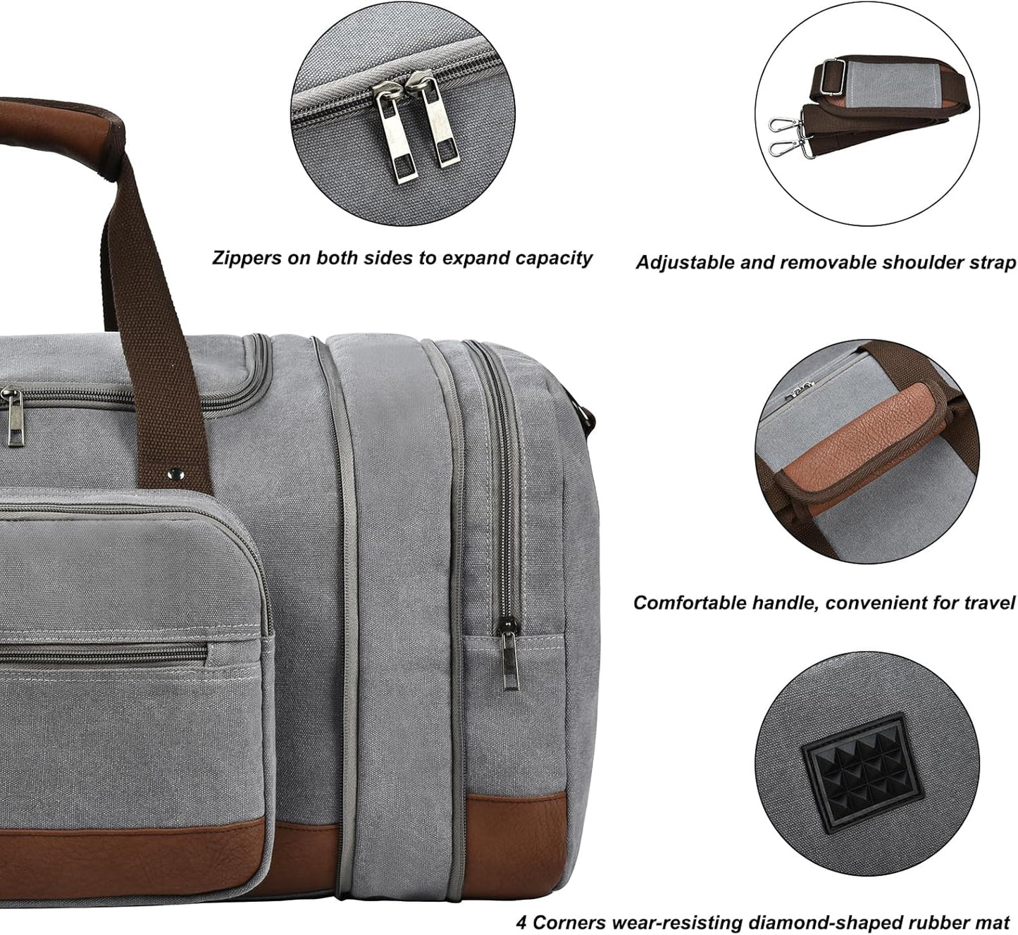 Litvyak Duffle Bag for Travel, 50L Canvas Travel Duffel Bags Overnight Weekend Gym Carry on Luggage Bag for Men & Women(Grey)