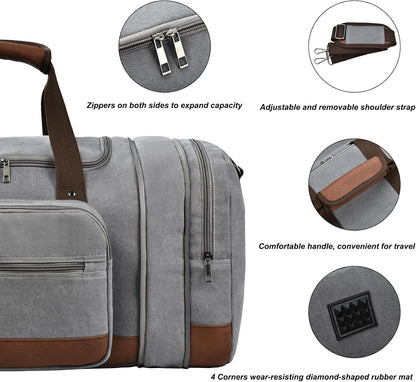 Litvyak Duffle Bag for Travel, Large 60L Canvas Travel Duffel Bags Overnight Weekend Gym Carry On Luggage Bag for Men & Women(Grey)