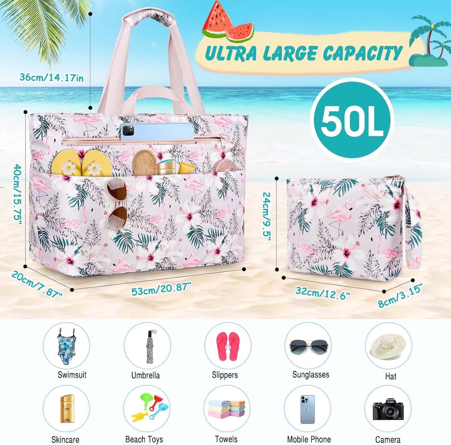 Extra Large Beach Bags for Women, Waterproof Sandproof Beach Tote Bag Zipper Foldable Swim Pool Bag with Wet Pocket