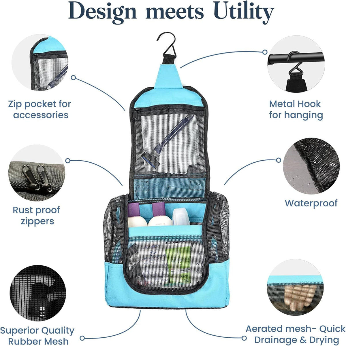 The Fine Living Co. Portable Hanging Shower Caddy Organizer Bag (Free Toiletries Case+Metal Hook) Quick Dry Mesh Shower Caddy Tote Bag Pouch For Bathroom College Dorm Camp Gym Camping 10”x4”x8”(Aqua)
