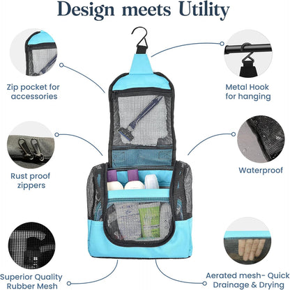 The Fine Living Co. Portable Hanging Shower Caddy Organizer Bag (Free Toiletries Case+Metal Hook) Quick Dry Mesh Shower Caddy Tote Bag Pouch For Bathroom College Dorm Camp Gym Camping 10”x4”x8”(Aqua)
