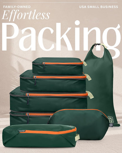 Large Compression Packing Cubes for Travel-Packing Cube Luggage Organizers 7 Piece Set for Checked Luggage-Ultralight, Expandable/Compression Bags by TRIPPED Travel Gear (Green/Orange)