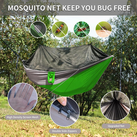Camping Hammock with Net,Travel Portable Lightweight Hammocks with Tree Straps and Solid D-Shape Carabiners,Parachute Nylon Hammock for Outsides Backpacking Beach Backyard Patio Hiking