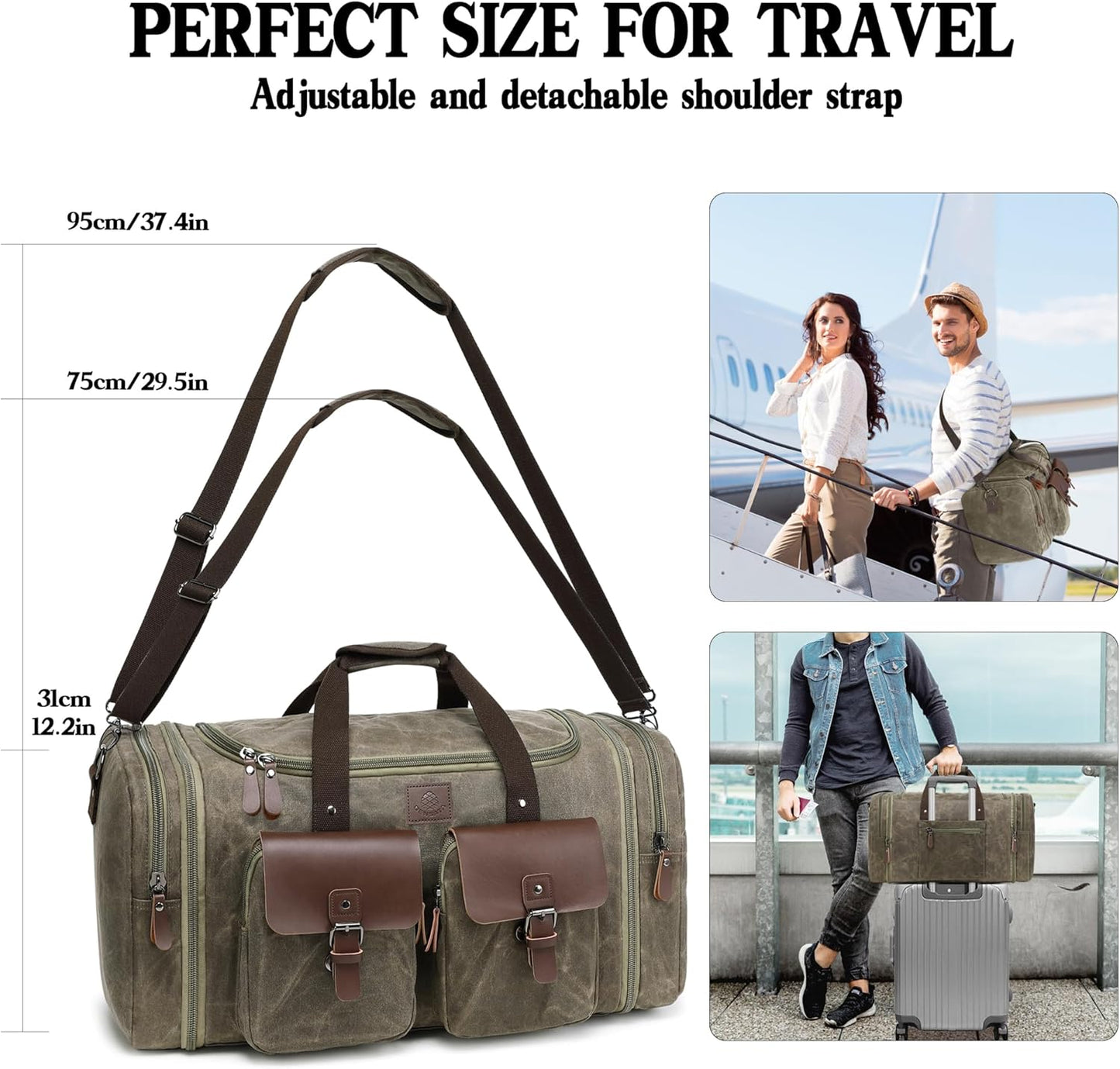 Waxed Canvas Duffle Bag for Men 60L Travel Duffel Bags Expandable Genuine Leather Duffel Overnight Weekender Carry On Bag Two Zipper Pockets Travel Bag (Vintage Grey, X Large-60L)