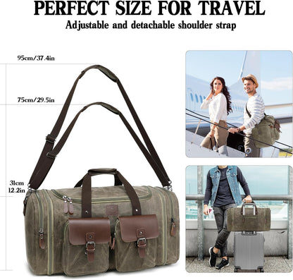 Waxed Canvas Duffle Bag for Men 60L Travel Duffel Bags Expandable Genuine Leather Duffel Overnight Weekender Carry On Bag Two Zipper Pockets Travel Bag (Vintage Grey, X Large-60L)