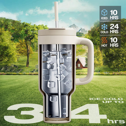 POWCAN 40 oz Tumbler with Handle, 2-in-1 Straw and Sip Lid, Leakproof, Dishwasher Safe, Insulated Stainless Steel Travel Coffee Mug, Keeps Cold for 34 Hours, Fits in Car Cup Holder (Oat)
