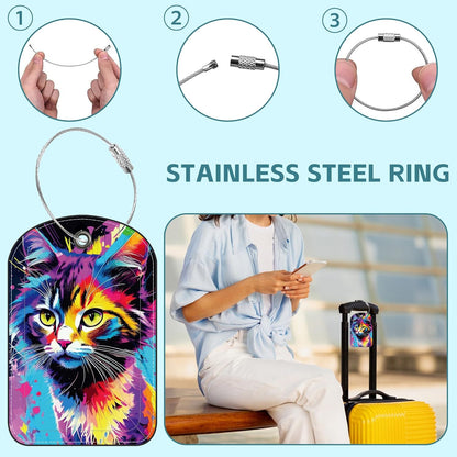 Colorful Cat Luggage Tag for Suitcase Set of 2 PU Leather Cute Luggage Tags with Stainless Metal Loop ID Label Privacy Flap Suitcase Tags for Women and Men Travel