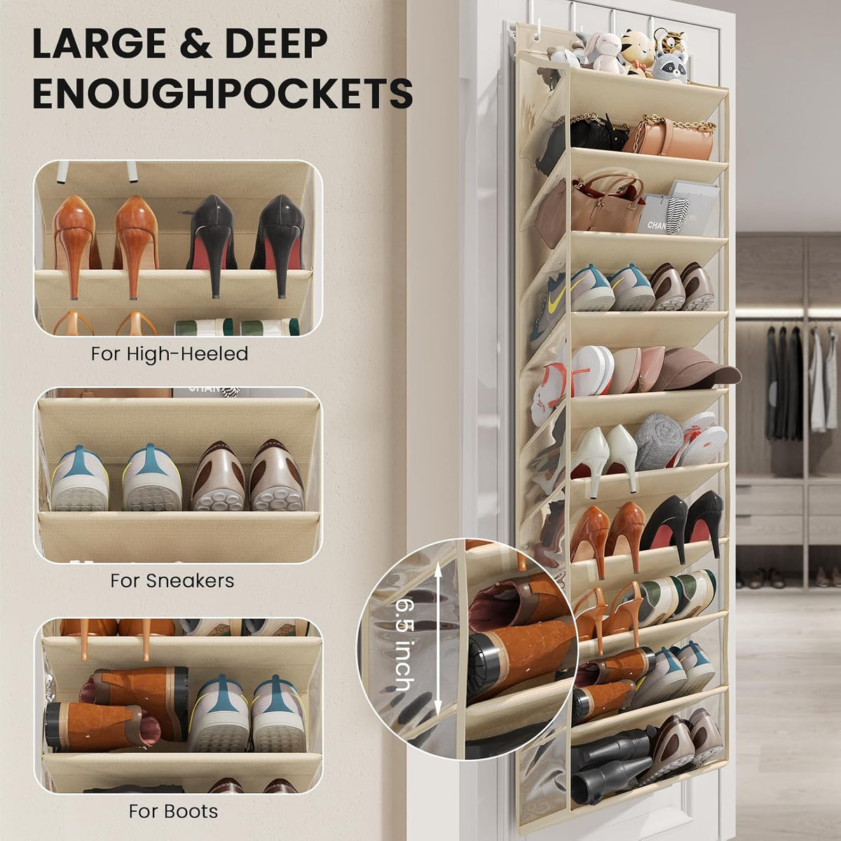 Over the Door Shoe Organizer for Closet, Shoes Rack with 10 Tier PVC Window Deep Pockets, Hanging Shoe Organizers for Boot Storage, Behind the Door Narrow Shoe Holder for Small Shoes, Beige