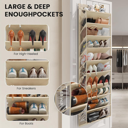 Over the Door Shoe Organizer for Closet, Shoes Rack with 10 Tier PVC Window Deep Pockets, Hanging Shoe Organizers for Boot Storage, Behind the Door Narrow Shoe Holder for Small Shoes, Beige