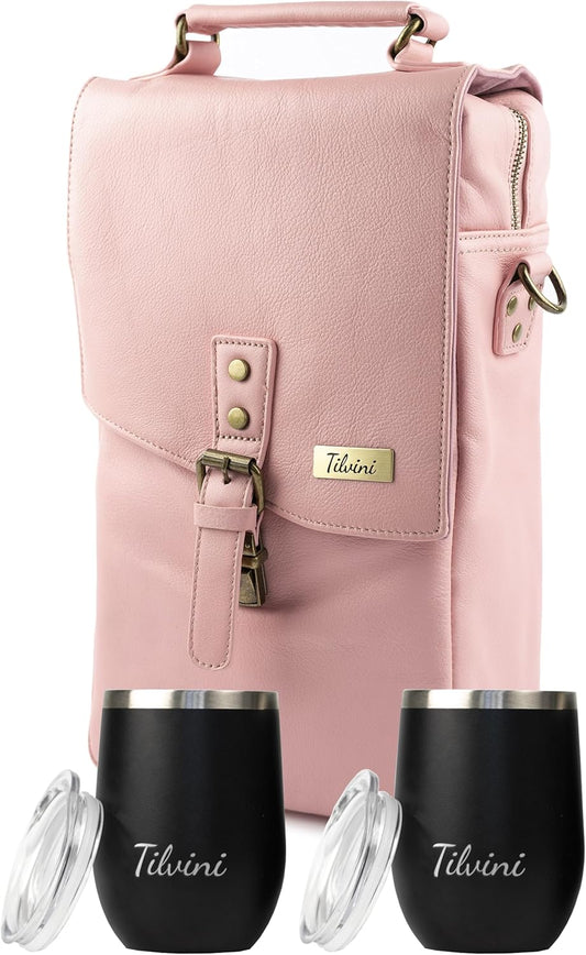 Insulated Genuine Leather Wine Bag With 2 Wine Tumblers. Best Travel Gifts For Women Wine Lovers. Wine Cooler Bag 2 Bottle Wine Carrier Set. Mom Birthday Gift Party Wife Picnic Pink Tote