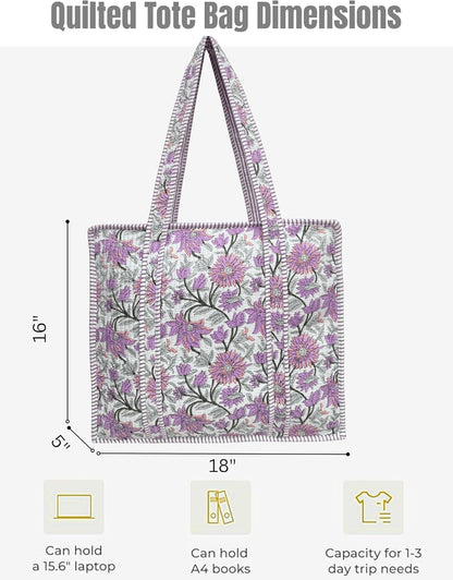 Cotton Quilted Tote Bag for Women – Large Beach & Travel Tote with Zipper, Reusable Grocery Bag