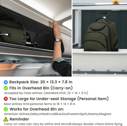 Boavan Rolling Backpack,17 inch Water Resistant Wheeled Backpack,Carry on Luggage Business Bag, Overnight College Computer bag Trolley Suitcase for Men Women Adults to Travel，Green