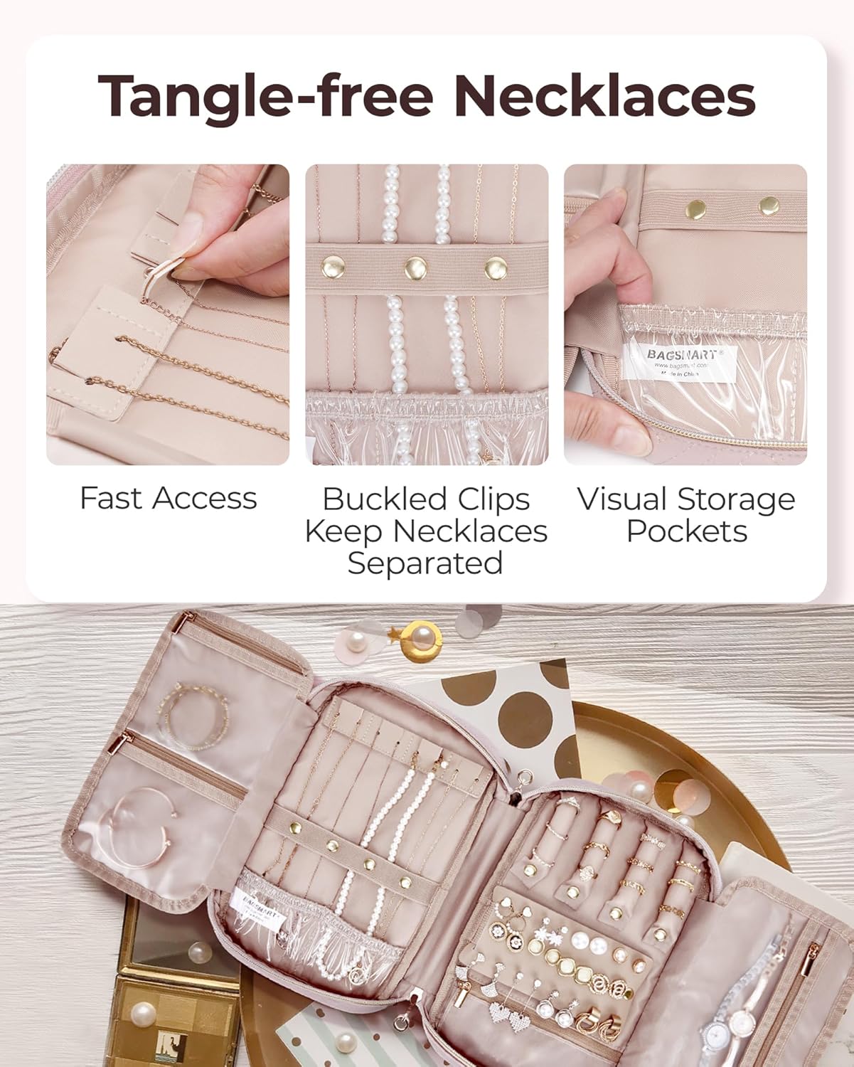 BAGSMART Jewelry Organizer Case Travel Jewelry Storage Bag for Necklace, Earrings, Rings, Bracelet, Soft Pink