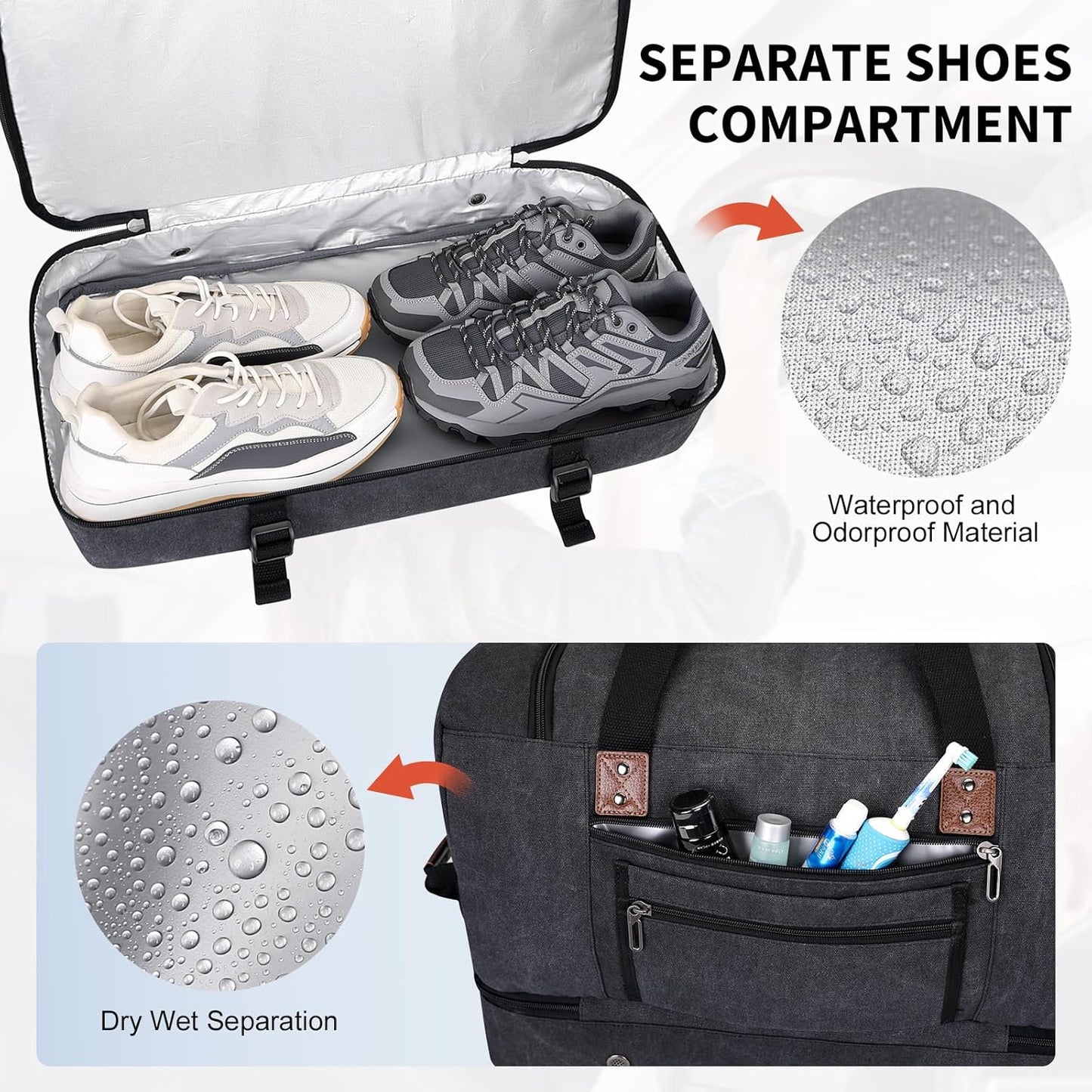 WITZMAN Canvas Weekender Bag Mens Overnight Bag for Traveling Carry on Duffle Bags with Shoes Compartment（A8010 Black）