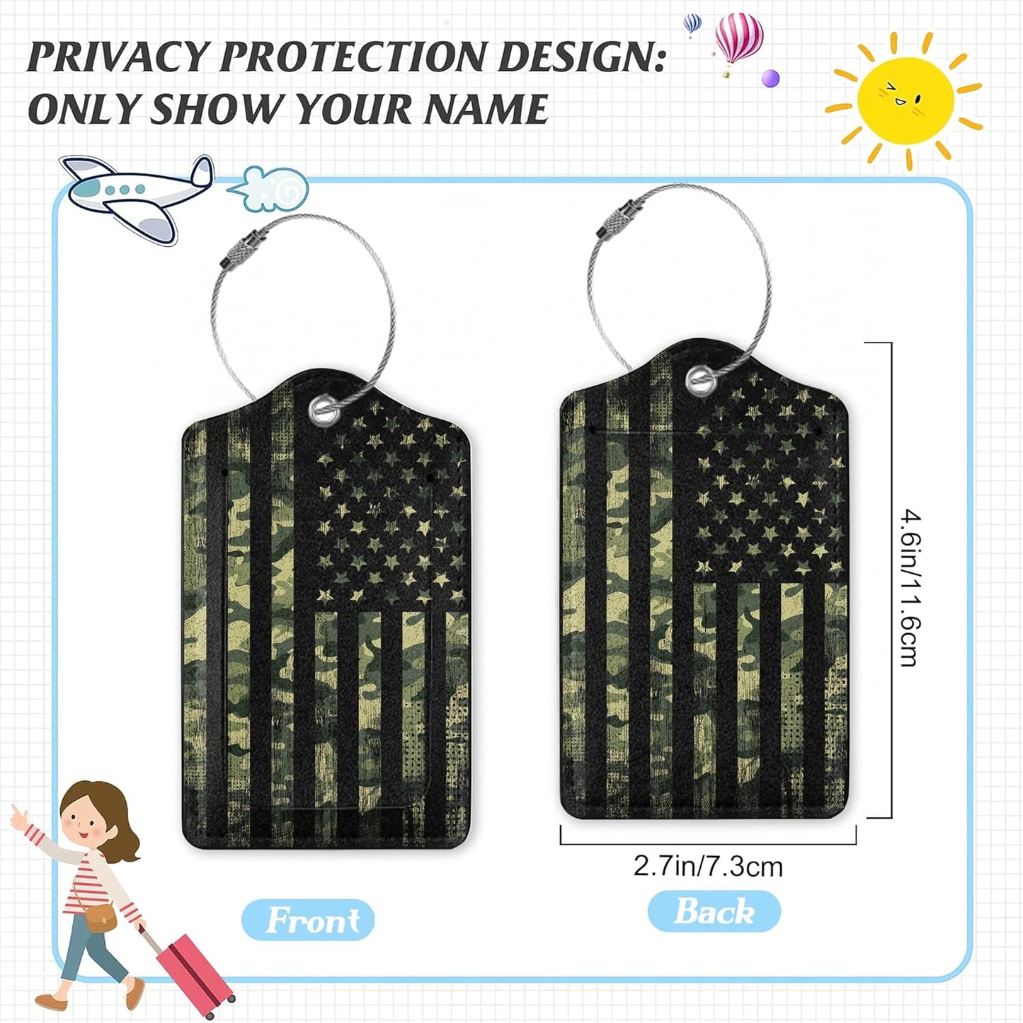 3 Pack Luggage Tag for Suitcase,American Flag USA Flag Leather Luggage Tags with Privacy Cover Name ID Label Identifiers Travel Bag Tags for Women Men Boys Girls