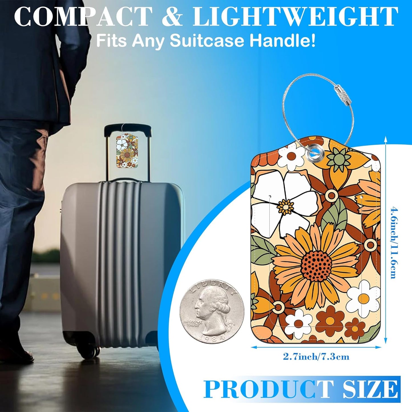 70s Retro Floral Luggage Tags for Suitcases Leather Travel Tags for Luggage ID Label with Privacy Cover and Stainless Steel Loop for Men Women Suitcase Backpack, Set of 2