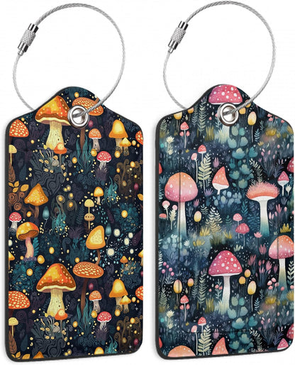 Retro Mushrooms Luggage Tags, 2 Pack Travel Cruise Tags for Suitcases,Cute Identifiers with Privacy Flap, Baggage Tags for Women Men Handbag