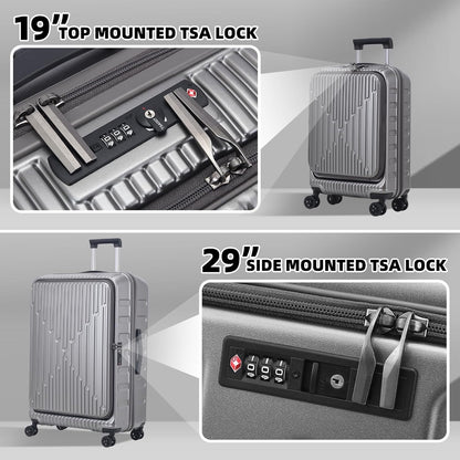 2 Pieces 19/29 Luggage Sets, 19 Inch Carry On Luggage with Front Pocket & 29 Inch Side Opening Suitcase, Ligthweight ABS+PC Hardshell, Gray