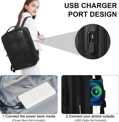 Vegan Leather Laptop Backpack for Women&Men,16 Inch Expandable Backpack with USB Charging Port,Two-toned Black