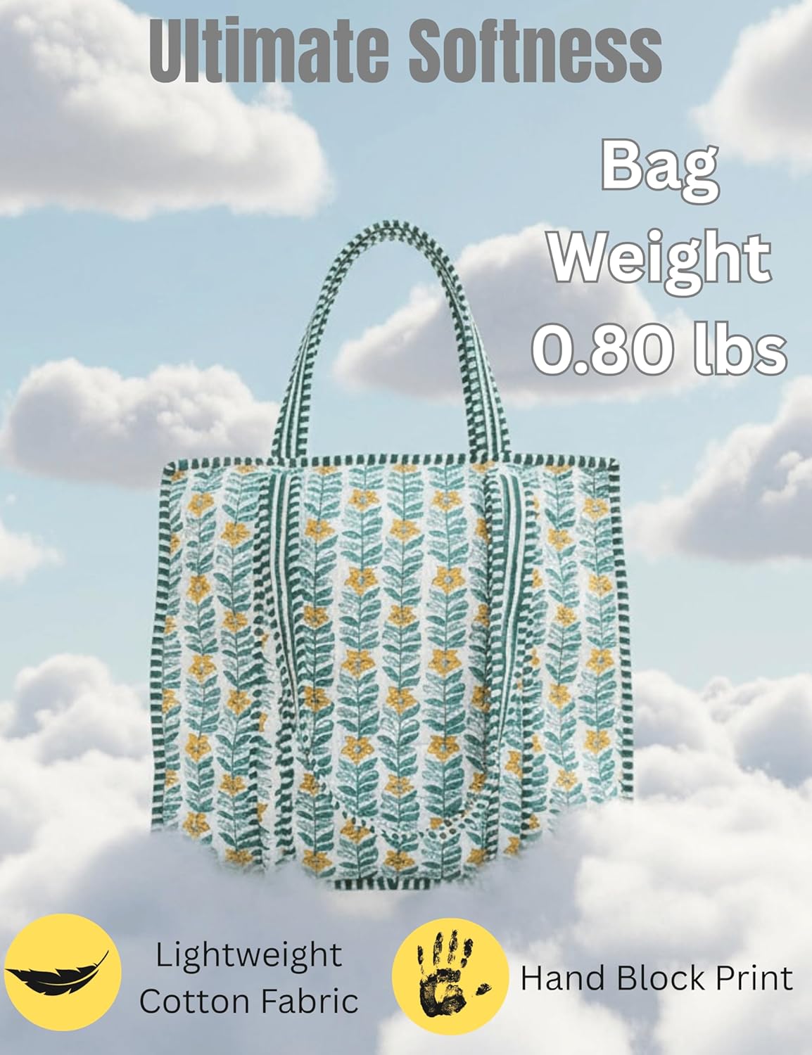 Cotton Quilted Tote Bag for Women – Large Beach & Travel Tote with Zipper, Reusable Grocery Bag