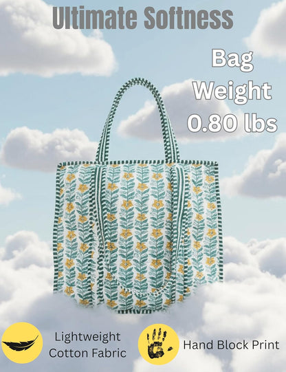 Cotton Quilted Tote Bag for Women – Large Beach & Travel Tote with Zipper, Reusable Grocery Bag