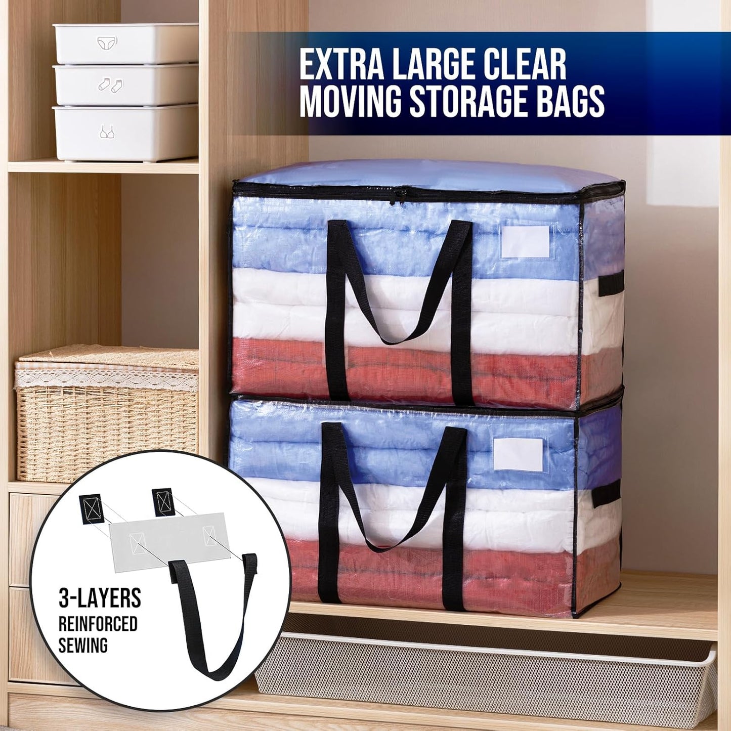 TAILI Extra Large Moving Bags, 10 Pack Clear Heavy Duty Totes For Storage with Visible Window, Wrap Around Handles, Storage Bags for Space Saving, Alternative to Moving Boxes