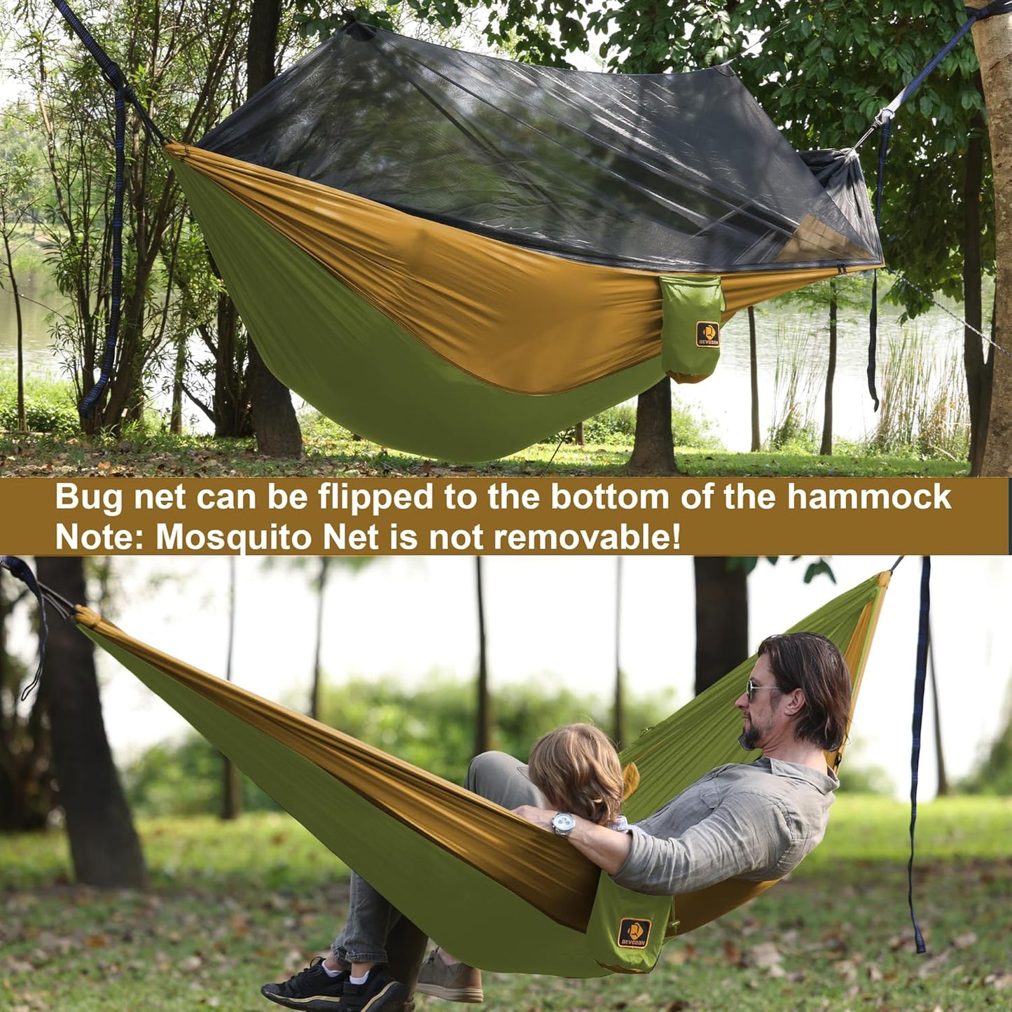 Camping Hammock with Net,Portable Lightweight Double Hammocks with Tree Straps and Solid D-Shape Carabiners,Parachute Nylon Hammock for Backpacking Beach Backyard Patio Hiking Green&Khaki