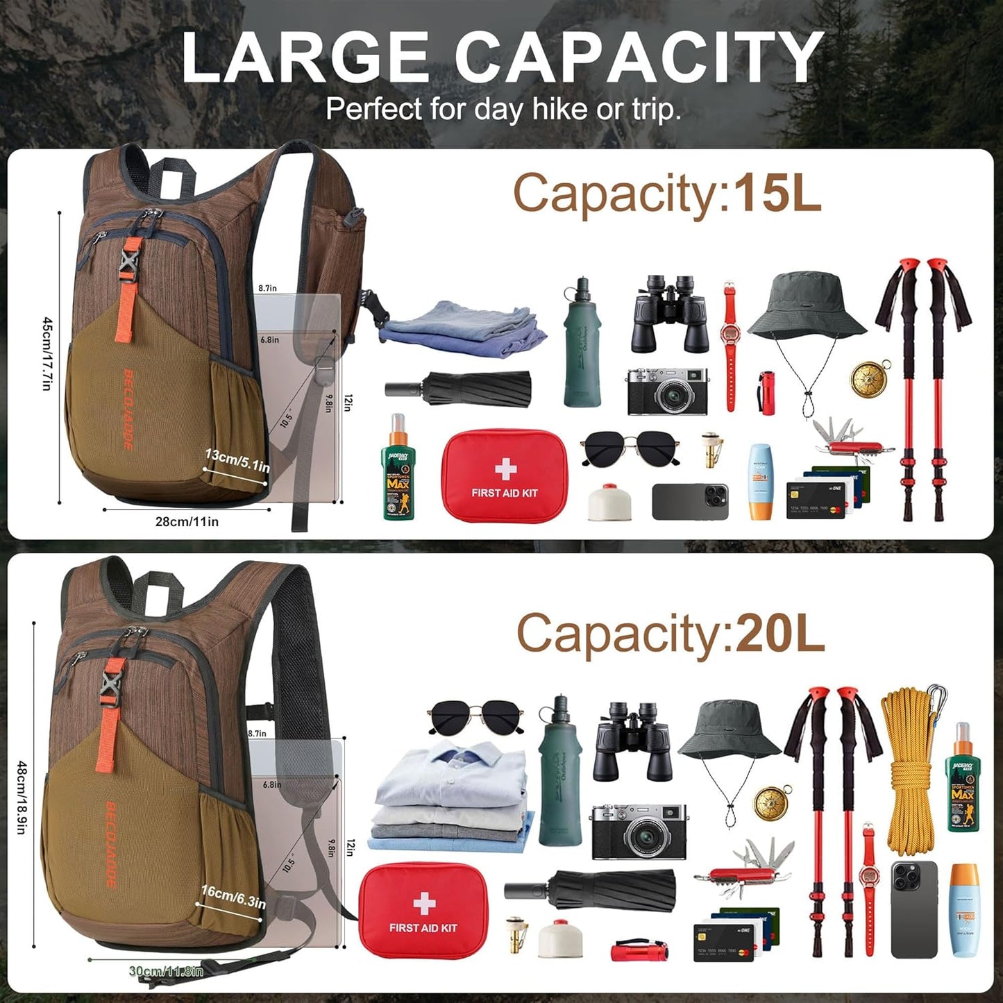 20L Small Hiking Backpack for Men Women Foldable Packable Back Pack Ultralight Hiking Daypack for Travel Camping Outdoor, Chocolate Brown