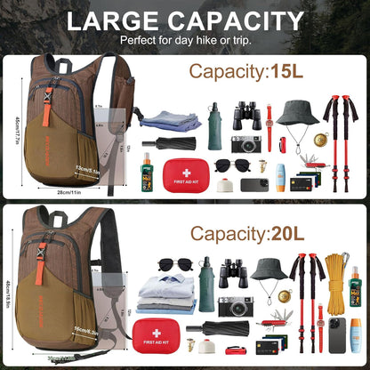 15L Small Hiking Backpack for Men Women Foldable Packable Back Pack Ultralight Hiking Daypack for Travel Camping Outdoor, Chocolate Brown
