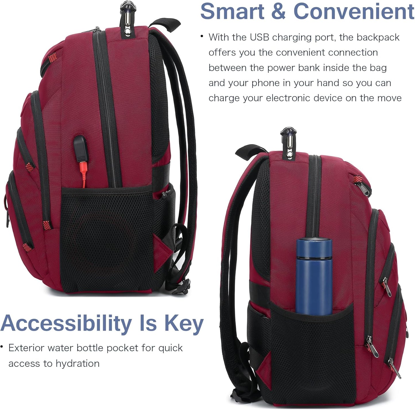 Boavan Laptop Backpack for men, 15.6 inch Laptop Bag with USB Port, Waterproof Travel Work Backpack Purse, Anti-Theft Teacher Nurse Doctor Casual Bookbags Office Business backpack，Russet Red