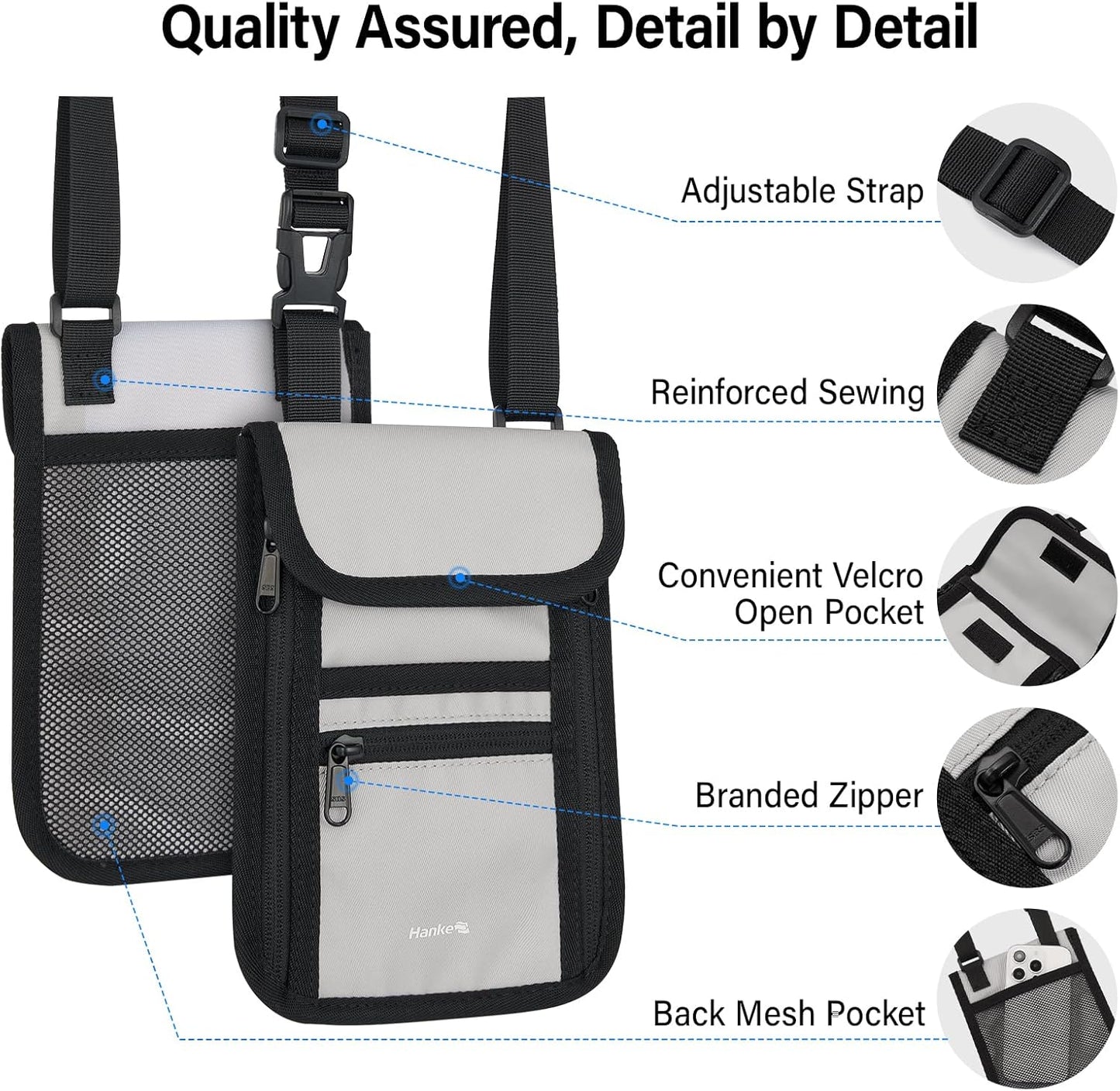 Hanke Passport Holder, Travel Wallet for Womens and Men, Neck Wallet Hidden Passport Pouch for Travel Adjustable Lightweight Thin with 6 compartments (Light Grey)