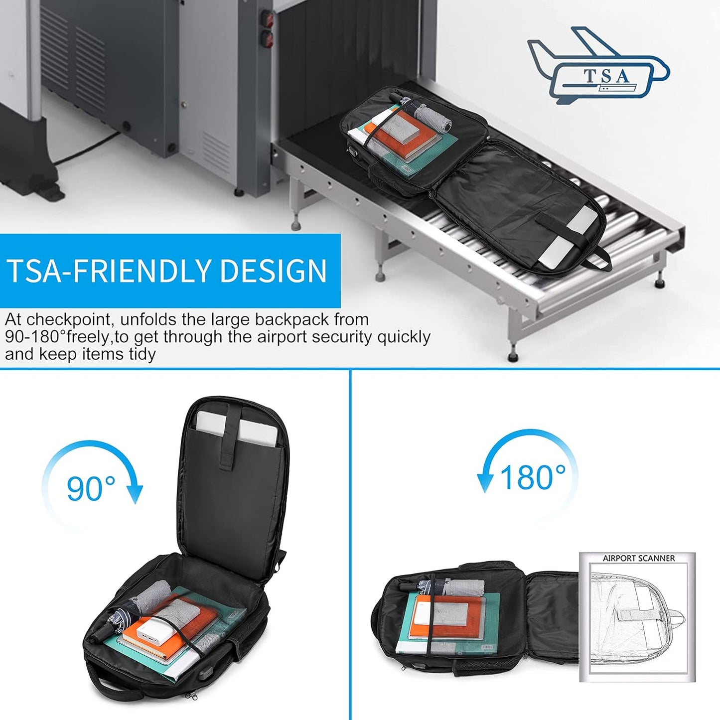 Backpack, Laptop Backpack, Carry on Backpack, Durable TSA Friendly Business Travel 17.3 Inch Laptop Backpack with USB Port, College School Bag Gift for Men Women Teens Bookbag, Black