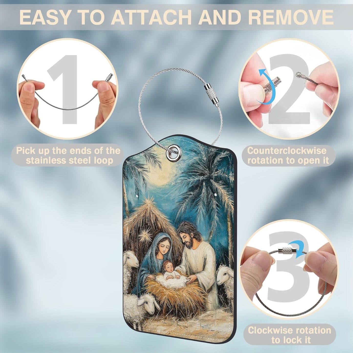 2 Pcs Nativity Scene Luggage Tags for Suitcases PU Leather Baggage Tags Name ID Label with Privacy Cover and Stainless Steel Loop for Men Women Travel Bag Suitcase