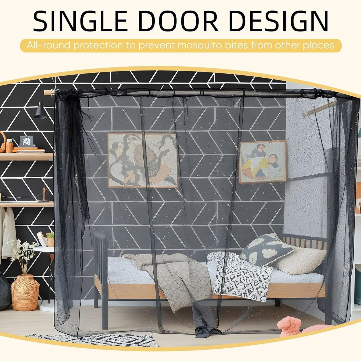 4 Corners Mosquito Net for Mosquiteros para Camas Bed Canopies Netting Bed Drapes Rectangular Mosquito Mesh for Camping Home Outdoor Travel(Black,L75 X W79 X H67 Inch,Opening)