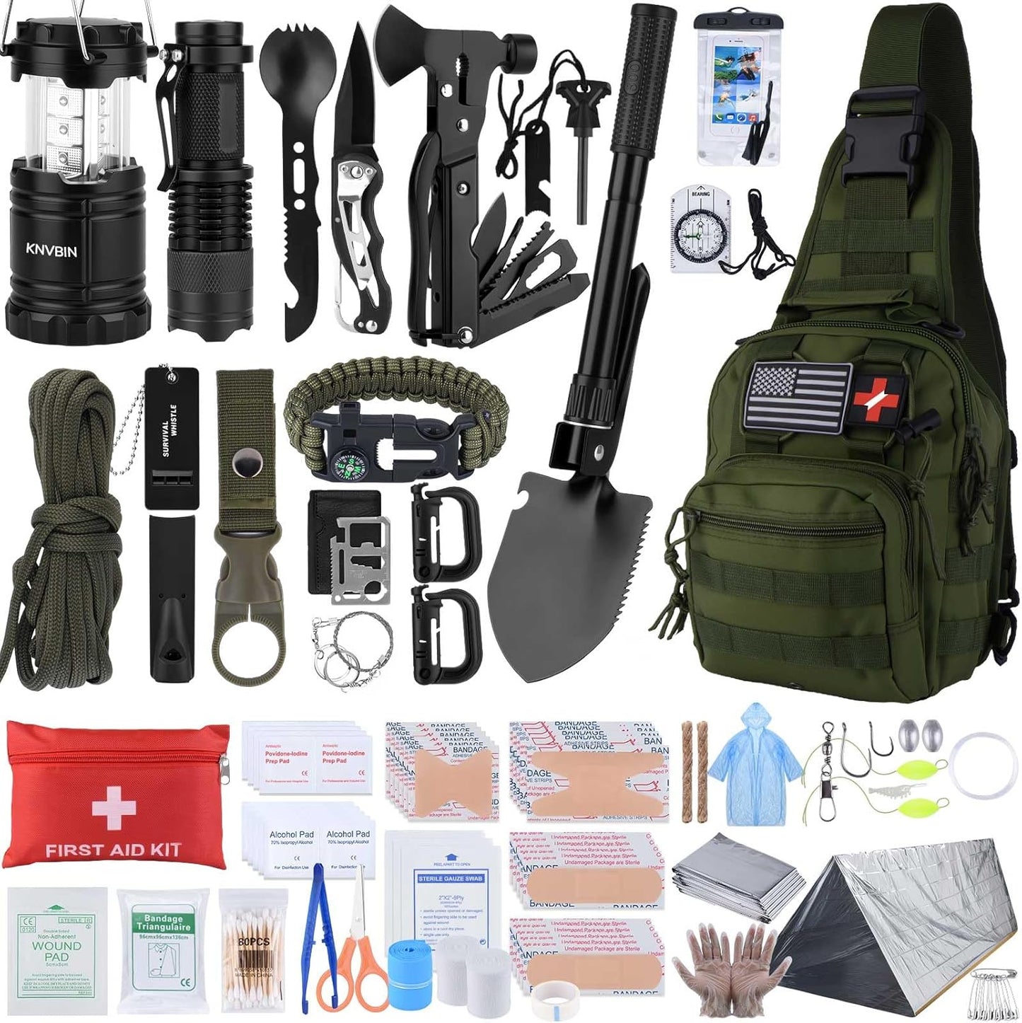 Survival Kit, 250pcs Survival Tools Tactical Gear and Trauma Bag, Survival First Aid Kit with Molle Crossbody Bag & Emergency Tent for Earthquake, Bug Out, Outdoor Adventure, Gifts for Christmas Men