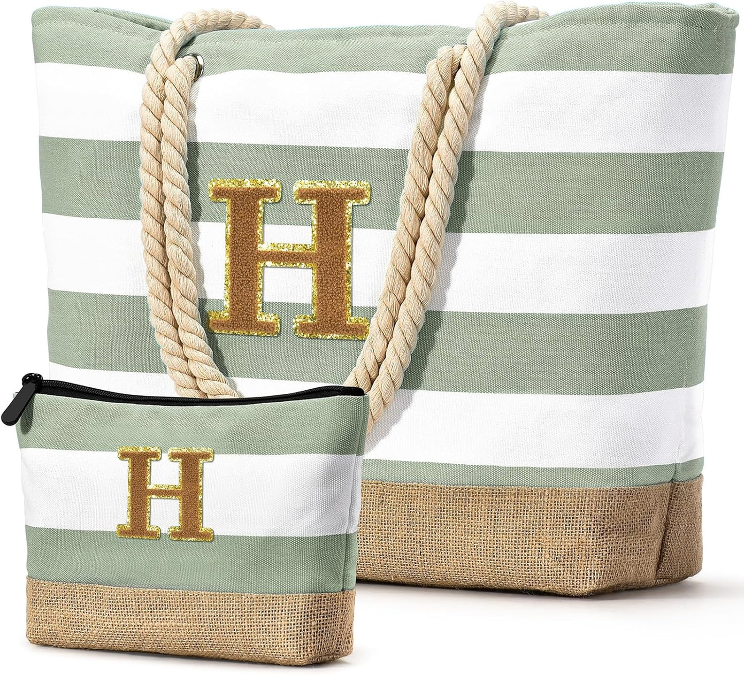 Becokan Beach Bag Initial Beach Tote with Makeup Bag for Travel Work Storage Personalized Birthday Gifts for Women Her