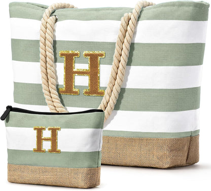 Becokan Beach Bag Initial Beach Tote with Makeup Bag for Travel Work Storage Personalized Birthday Gifts for Women Her