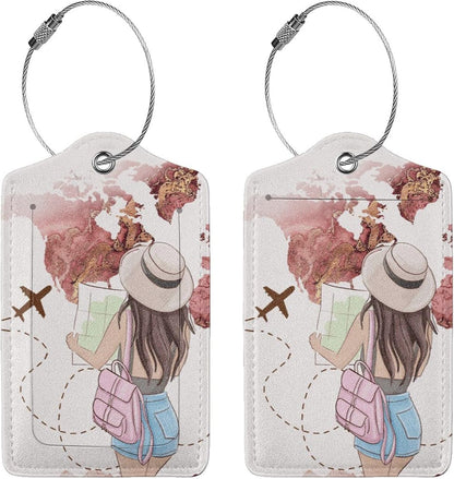 2 Pack Luggage Tags for Suitcase,Travel Girl PU Leather Travel Luggage Tag with Privacy Flap, Name ID Label and Metal Loop for Women Men Suitcase Baggage Bag Backpack