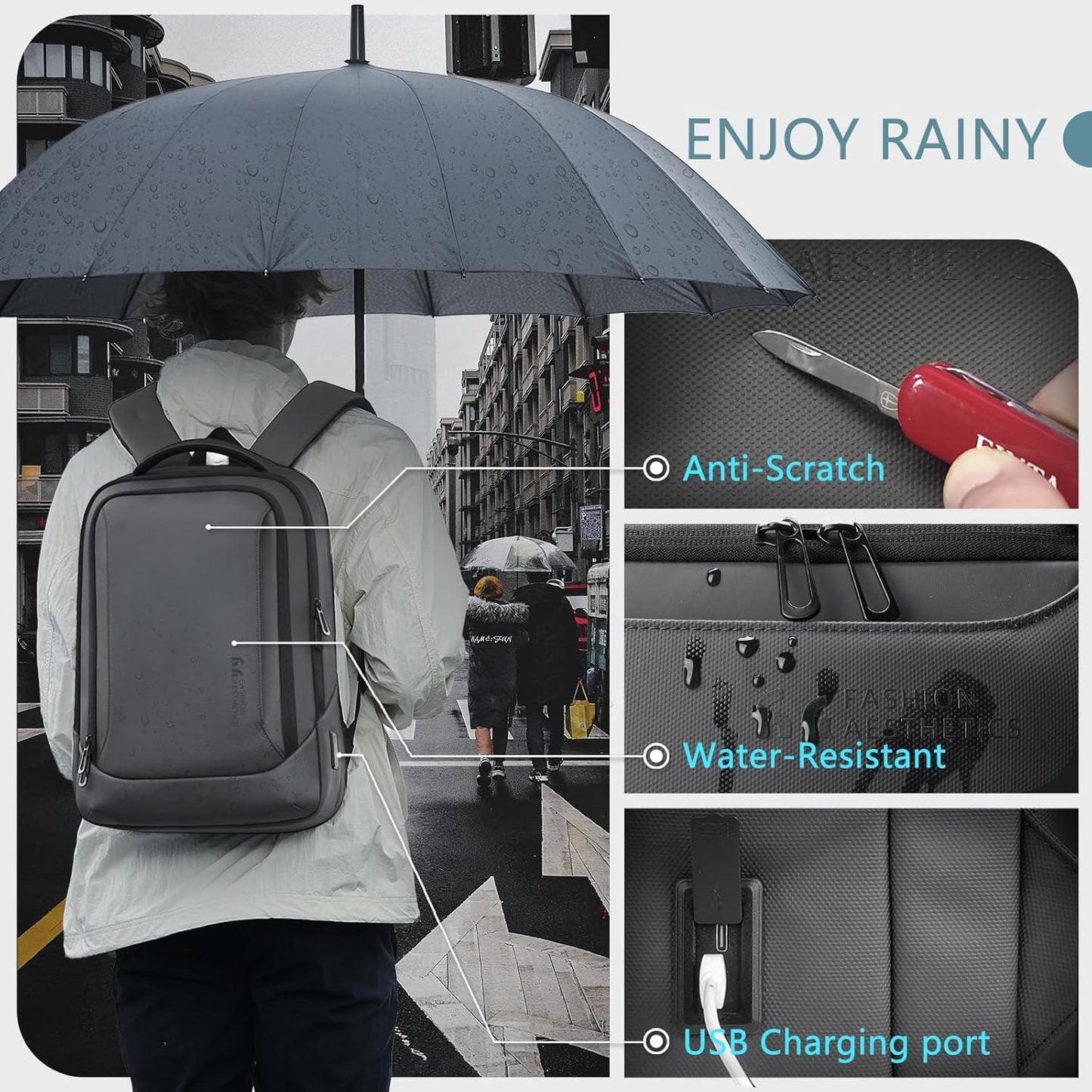 hk Laptop Backpack for Men with USB Charging Port Water-Resistant for 15.6 Inch Computer Bag Durable High-Tech Daypack Casual Backpack for Business Work College Weekender Travel- Dark Grey