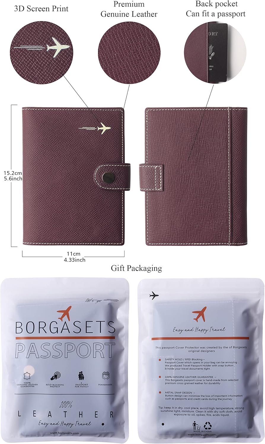 Genuine Leather Passport Case, RFID Passport Cover with Credit Card Holder for Women and Men Family ID Travel